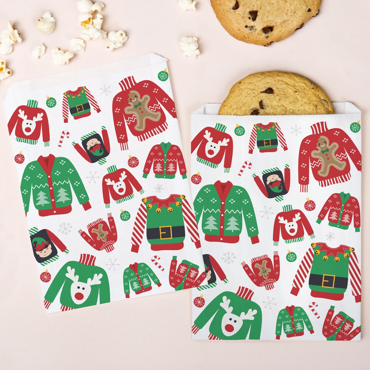 Big Dot of Happiness Ugly Sweater Paper Treat Bags, Funny Party Individual Candy Snack Favors, Greaseproof White Sandwich Cookie Bags - 25 Count